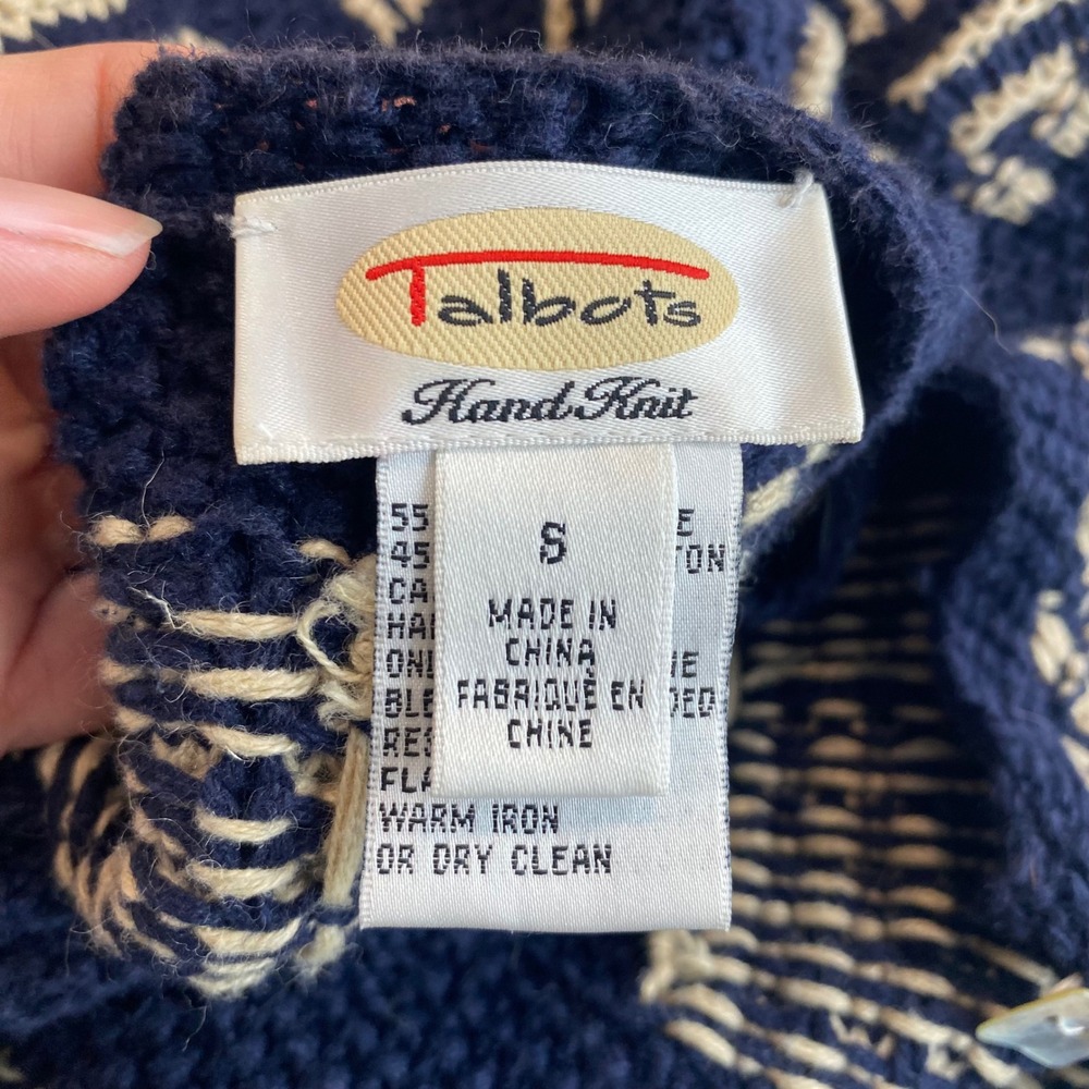 Vintage Talbots Hand Knit Patchwork Cardigan Navy… - image 5